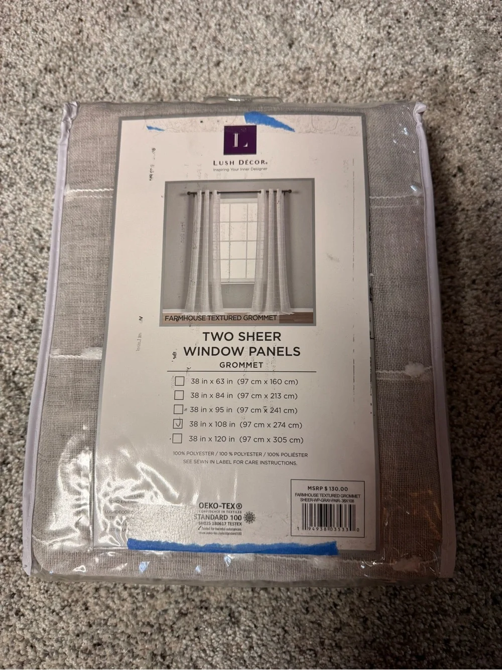 Lush Decor Farmhouse Textured Sheer Grommet Curtain Panels Gray 38x108 set of 2